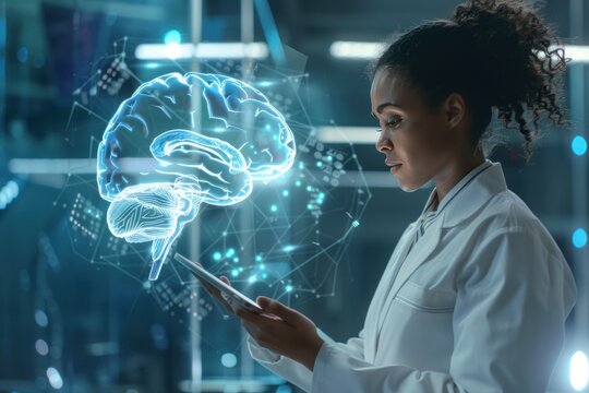 A woman is looking at a tablet with a brain image on it