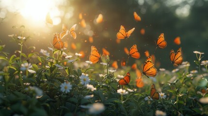 Orange Butterflies Flying Over White Flowers