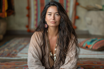 Serene woman with ethnic jewelry in bohemian interior