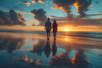 Couple walking on beach at sunset, romantic summer evening