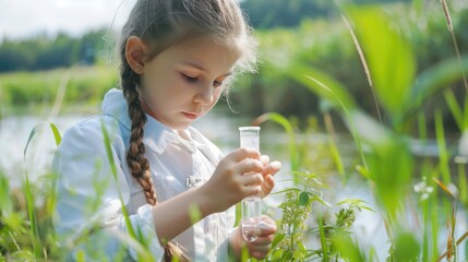 A young girl happily explores a river with a magnifying glass, observing plants, water, and grass in the natural landscape while surrounded by people enjoying leisure activities in the meadow AIG50