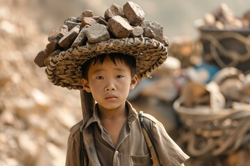 Portrait of a young boy laboring with a basket of rocks balanced on his head