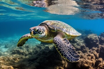 Underwater view of a green sea turtle swimming in the ocean