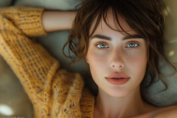 Close-up portrait of a young woman in a cozy sweater