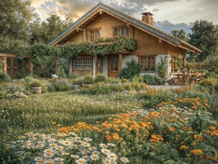 Idyllic Summer Evening at a Rustic Cottage Surrounded by Lush Gardens