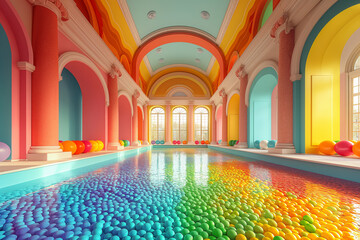 Colorful interior of a grand hall filled with vibrant balls