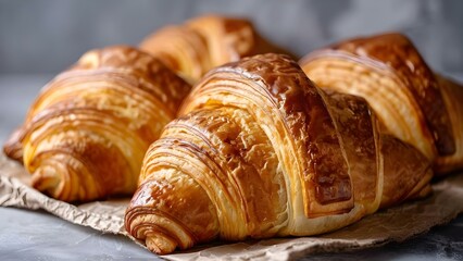 Golden brown croissants with flaky exteriors and buttery layers freshly baked. Concept Baking, Croissants, Golden Brown, Butter, Flaky Layers
