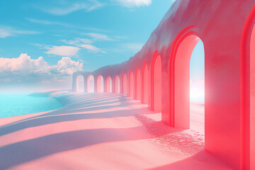 Surreal pink arches on a sandy beach with a serene ocean view