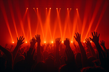 Energetic crowd enjoying a live concert under red lights