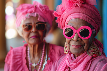 Elegant elderly women in vibrant pink outfits and accessories