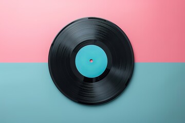 top view one vinyl record on blue and pink background flatlay in retro style