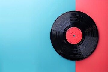 top view one vinyl record on blue and red background flatlay in retro style with copy space