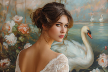 Elegant woman with swans and floral backdrop in artistic portrait