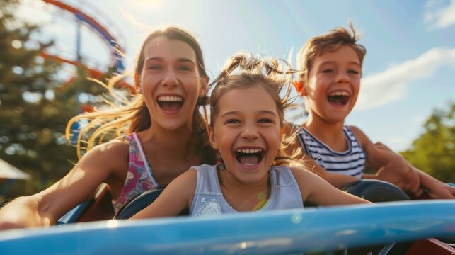 Mother and two children family riding a rollercoaster at an amusement park experiencing excitement, joy, laughter, and fun hyper realistic 