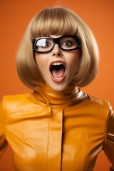 Surprised woman with blonde bob haircut wearing yellow raincoat and glasses
