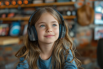 Young girl enjoying music with headphones in a cozy room
