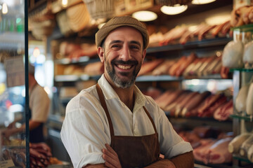 Smiling butcher man inside butcher shop