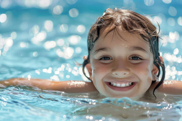 Smiling child girl in the swimming pool. Children swimming and playing in water