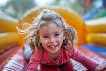 Smiling jumping child on the inflatable bounce house