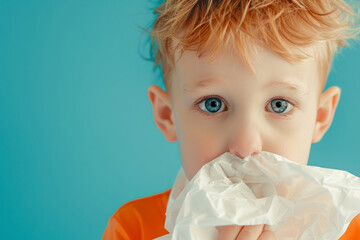 Child sneezes into a napkin. Allergic child, flu season