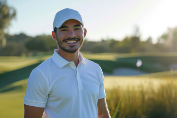 Male golfer wearing golf uniform on a blurred background