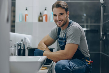 Male plumber works in a bathroom. Plumbing repair service, assemble and install concept