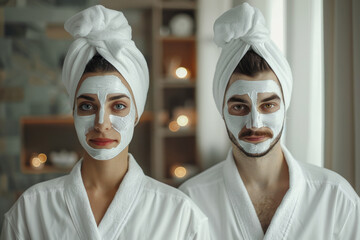 Couple make face beauty masks in white coats
