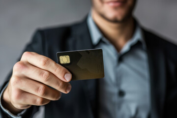 Man holds credit card. Online shopping concept