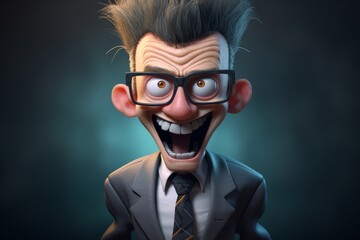 Funny cartoon character with big glasses and wild hair