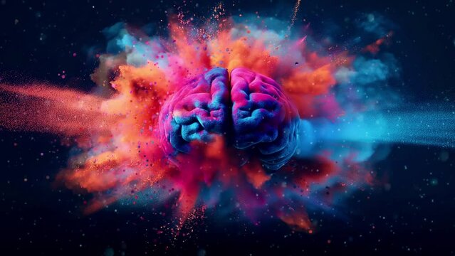Human brain explodes with splashes of colorful particles. Represents creativity, innovation, imagination, and ideas for art and knowledge	