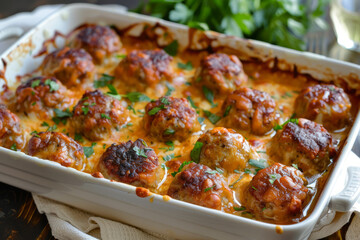 Baked cheesy meatballs casserole with tomato sauce