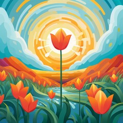 vibrant tulip field landscape with sunburst
