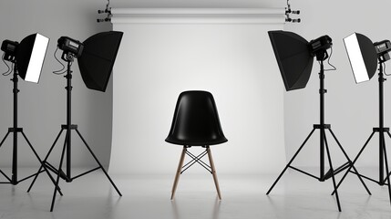 Lights from a photo studio, set against a white background, illuminating a black chair.