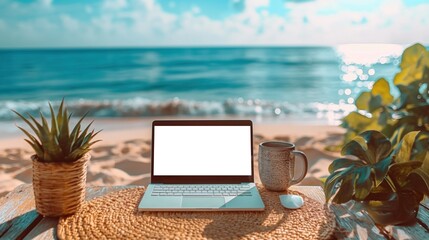 Mockup of modern laptop with blank white screen on desk on beach, AI-generative