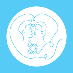Poster with kissing men. Hand lettering love is love. The theme of month pride, lgbtq, love. In white circle, on blue background