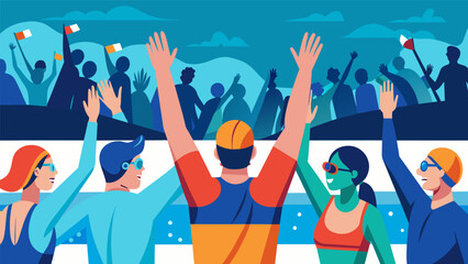 As the swimmers reach the halfway point the crowd erupts in cheers and clapping spurring them on to give their all in the final stretch.. Vector illustration
