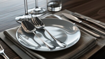 Tableware set on a plate includes fork, spoon, and glass with a napkin neatly folded on a table hyper realistic  - Powered by Adobe