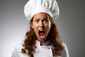 Frustrated chef with exaggerated facial expression - obrazy, fototapety, plakaty