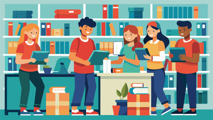 A group of students work together in the campus bookstore restocking shelves and ringing up purchases for their workstudy positions as retail. Vector illustration