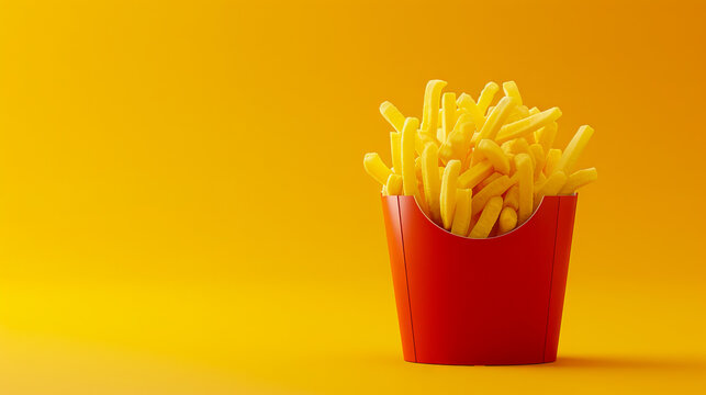 French fries in a red cup on a yellow background.