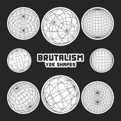 Wireframe shapes, lined sphere. Perspective mesh, 3d grid. Modern trendy low poly geometric elements. Retro futuristic design elements, y2k, vaporwave and synthwave style. Vector illustration