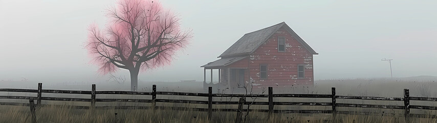 Amidst the enveloping embrace of dense fog, an aged red house stands weathered yet resilient, accompanied by a solitary tree, their forms veiled in a ghostly shroud, with a wooden fence