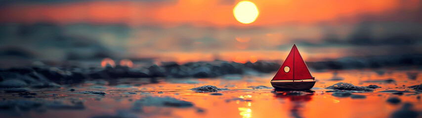 At the water's edge, a diminutive toy sailboat lies peacefully upon the dampened grains of beach sand, its miniature form basking in the radiant embrace of the sunset's warm orange light