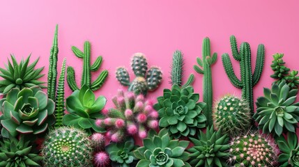 Group of Cactus Plants on Pink Background