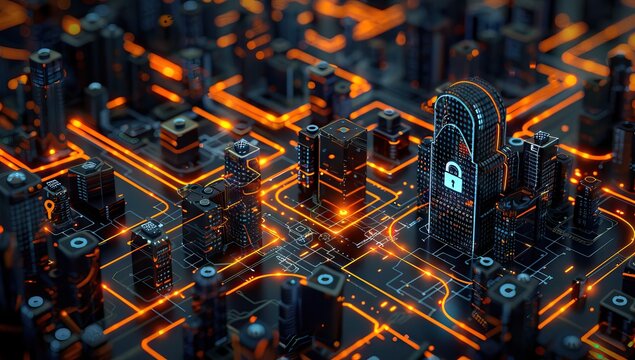 Cyber security concept. Padlock icon on digital technology background. Illustrates cyber data security or information privacy idea in mother server is processing the data. AI generated illustration - Powered by Adobe