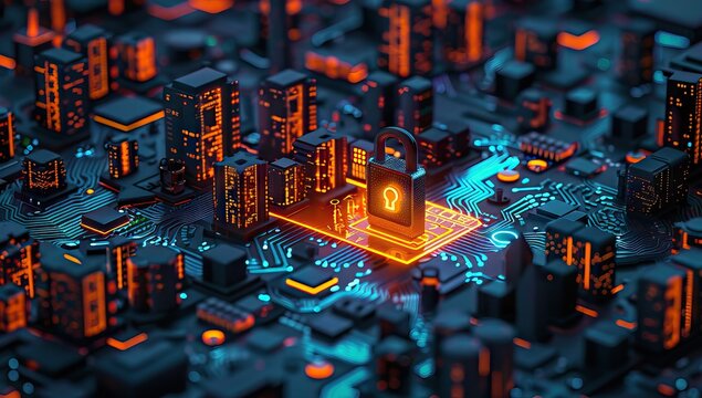Cyber security concept. Padlock icon on digital technology background. Illustrates cyber data security or information privacy idea in mother server is processing the data. AI generated illustration