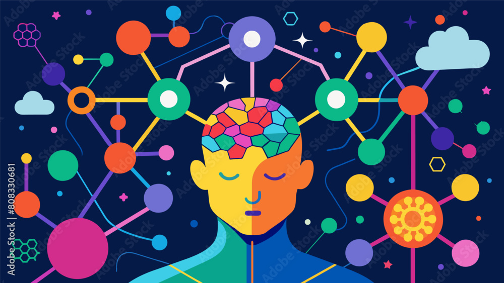 Poster a colorful and intricate depiction of the ketamine molecule floating within a persons brain activati