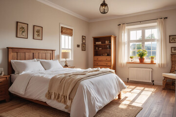 a peaceful bedroom interior with a large window showcasing a natural landscape.