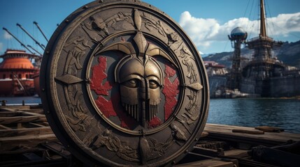 Spartan shield adorned with naval scenes against shipyard backdrop - obrazy, fototapety, plakaty