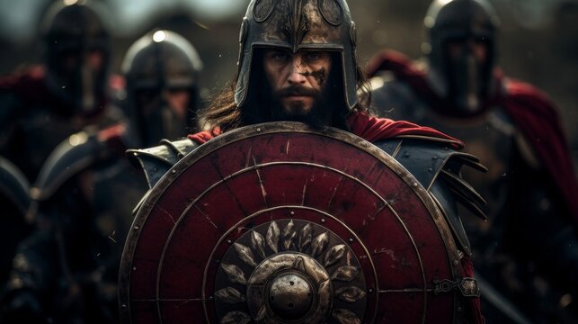Spartan shieldbearer leads warriors through surreal battlefield lambda shield